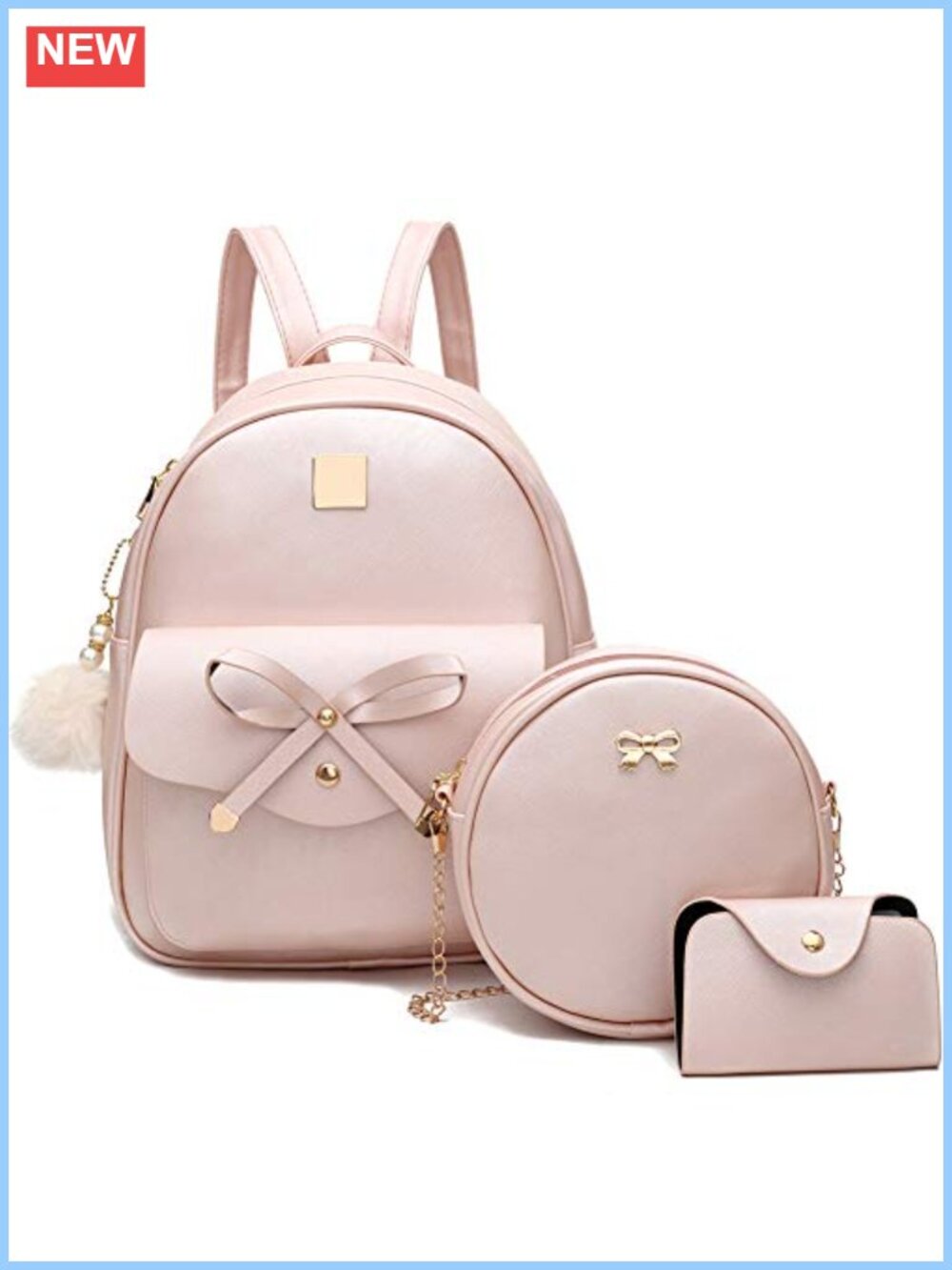 PU Leather Backpack Bowknot 3-Piece Adjustable Daypack for Travel